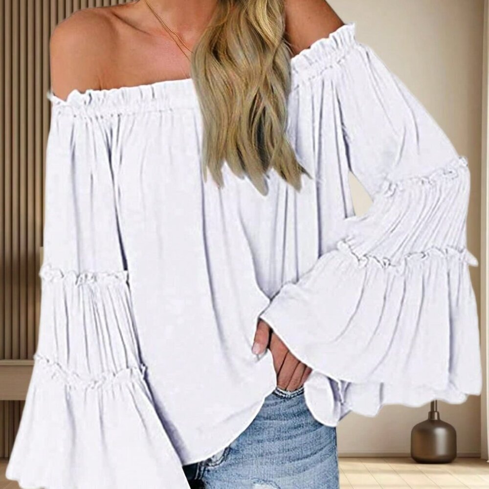 White Casual Women's Off Shoulder Blouse Long Bell Sleeve Flared Loose Tops